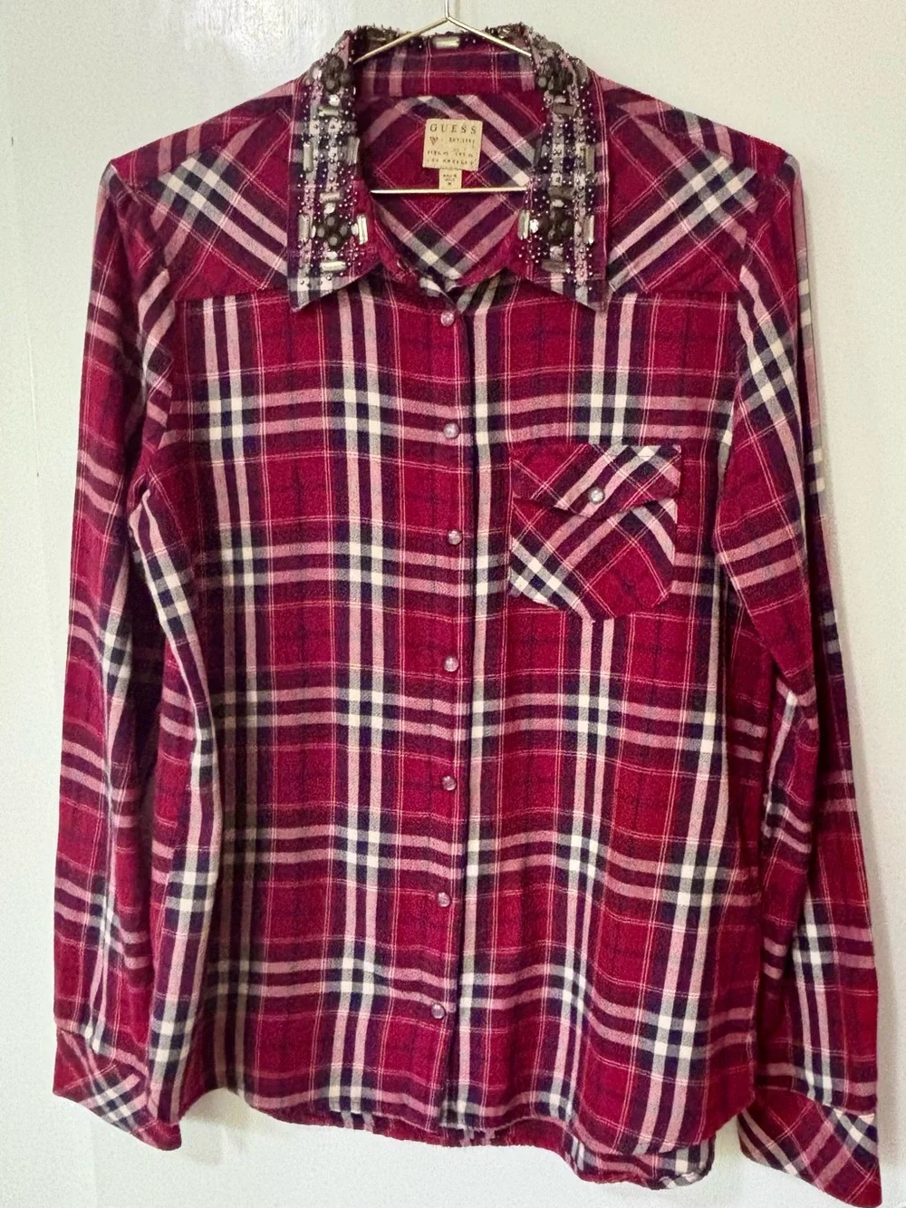 Guess| VTG Red Plaid Snap Down Rodeo Shirt w/Embellished Rhinestone Collar Sz M - Picture 2 of 7